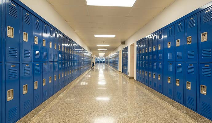 A brightly lit school corridor