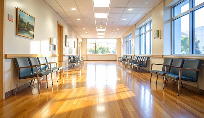 A clean medical clinic waiting area featuring polished laminate wood floor