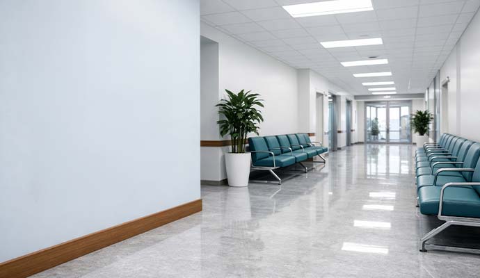 A clean medical clinic waiting area featuring polished marble floor
