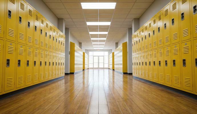 A clean school hallway with shiny wood floor