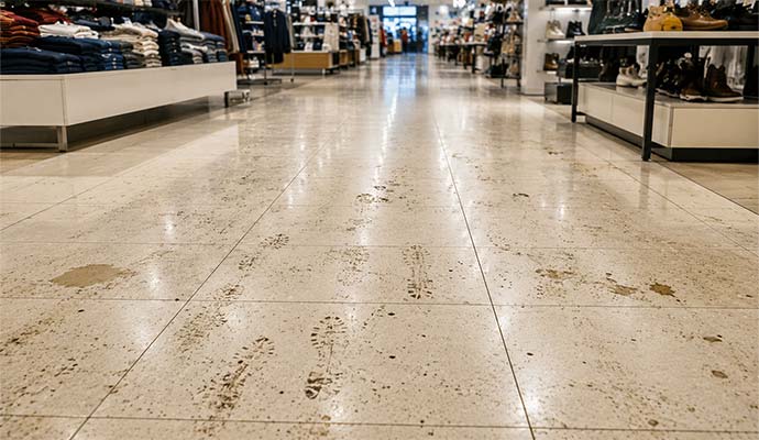 A high-angle view of dirty boot footprints on tiled floor in retail store