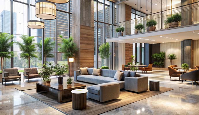 A high-ceiling luxury hotel lobby featuring modern plush sofas