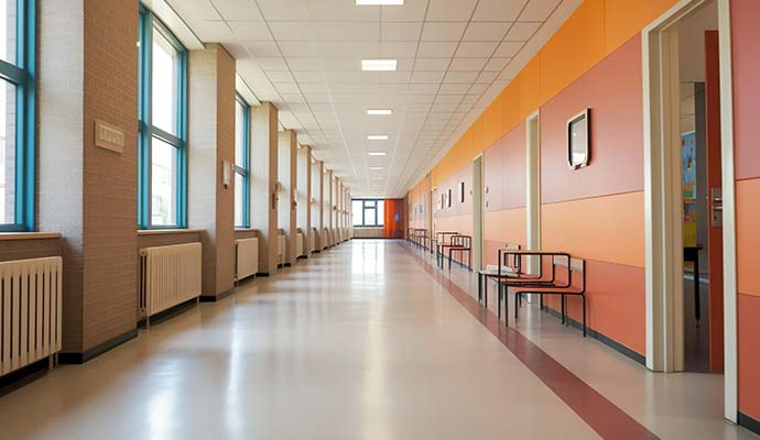 A long, clean school corridor with concrete floor