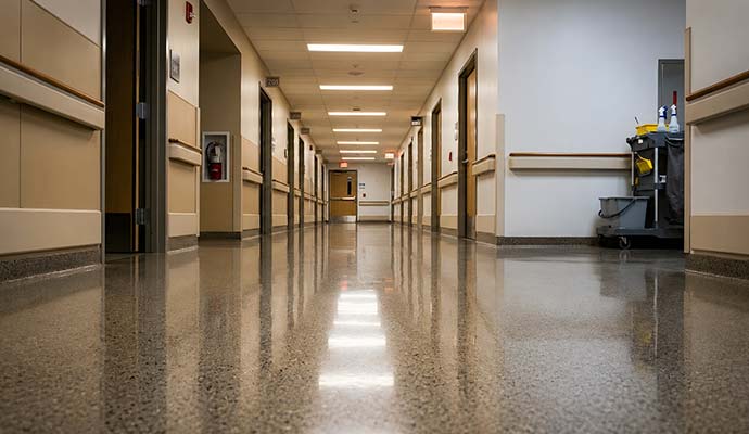 A long hospital hallway with concrete surface
