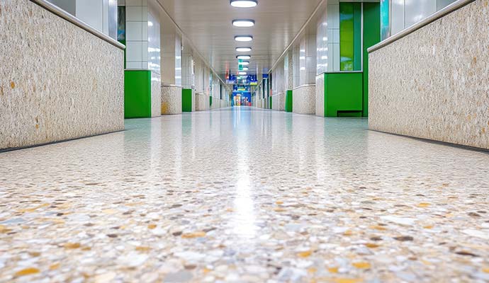 A long hospital hallway with granite surface