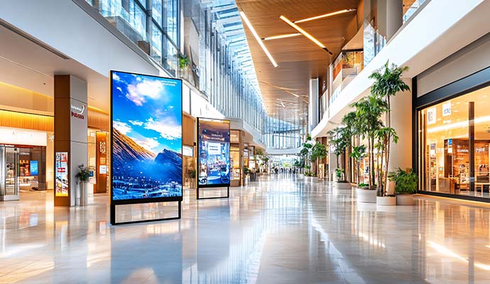 A modern, spacious shopping mall featuring polished marble floor