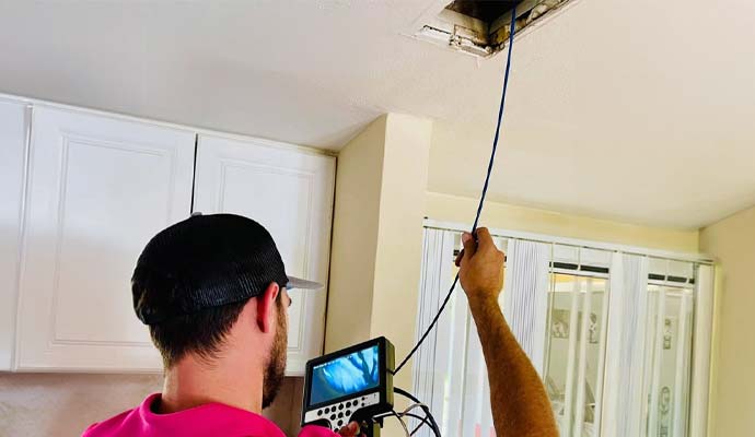 A professional inspecting duct using professional equipment