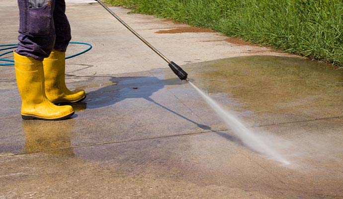 A professional using a high-pressure power washer to clean concrete walkway