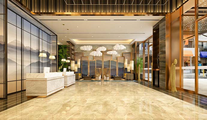 A spacious luxury hotel lobby featuring polished marble floor