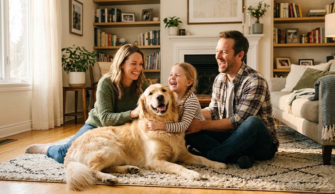 Happy family enjoying fresh air in a living room