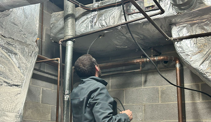 Technician sanitizing and cleaning commercial ductwork