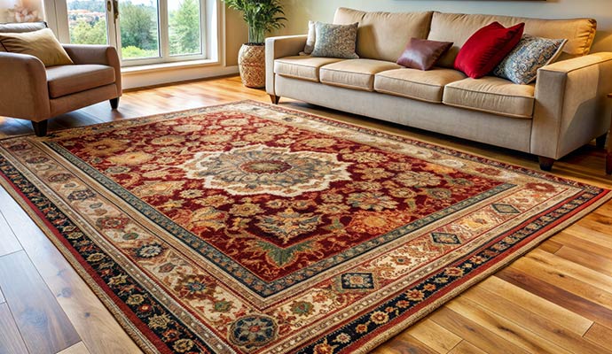An Indian rug centered in a bright living room on hardwood floors