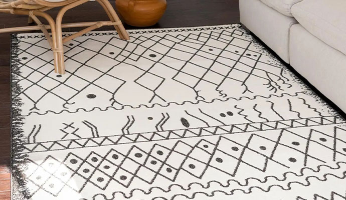 Moroccan rug with black geometric and tribal patterns