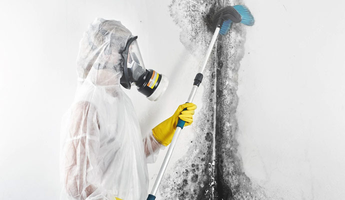 professional worker cleaning black mold