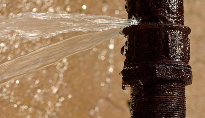 High-pressure water spraying from a rusted, corroded metal pipe joint