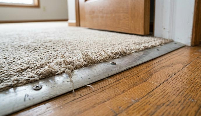 A metal transition strip joining a carpet with hardwood floor