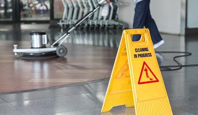 Commercial floor cleaning in progress with caution sign