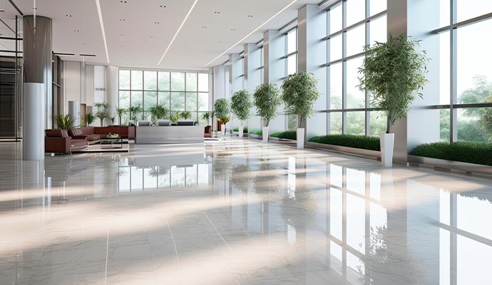 Luxury commercial lobby with polished marble flooring