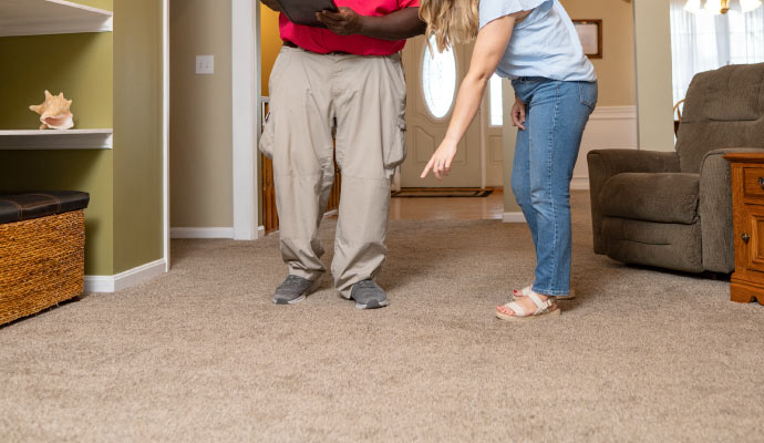 Professional worker inspecting carpet on the floor