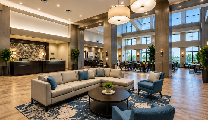 Clean hotel lobby with modern plush sofas