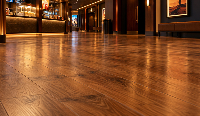 Clean wood plank flooring in a theater lobby area