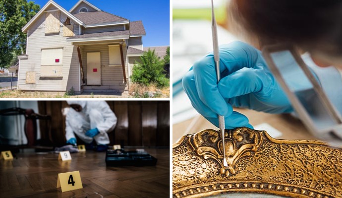 Collage of board up, biohazard and content restoration service