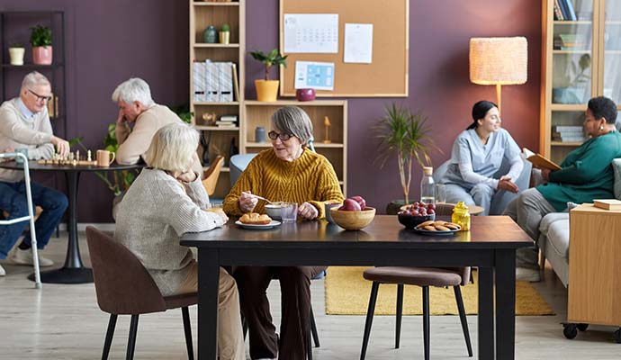 Senior residents interacting and dining in an assisted living facility shared lounge area