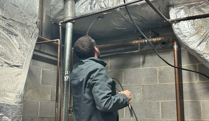 Technician inspecting and cleaning HVAC air duct system