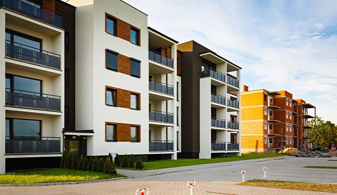 Exterior of modern multi-tenant residential apartment buildings