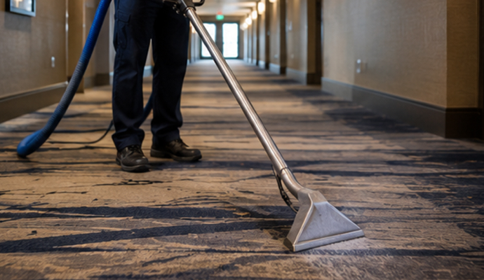 Professional carpet cleaning in hotel hallway