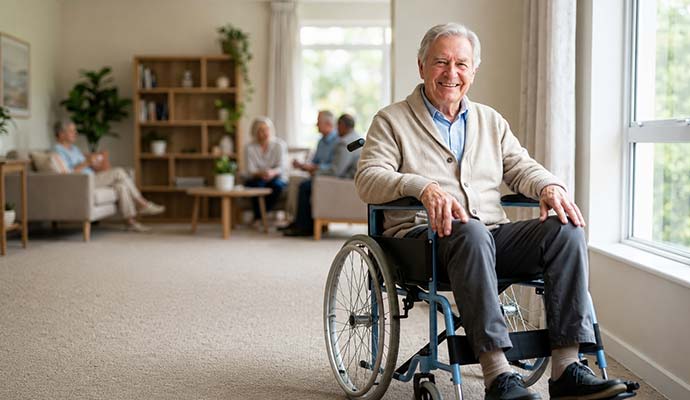 Smiling senior resident in a wheelchair in a clean carpeted living area