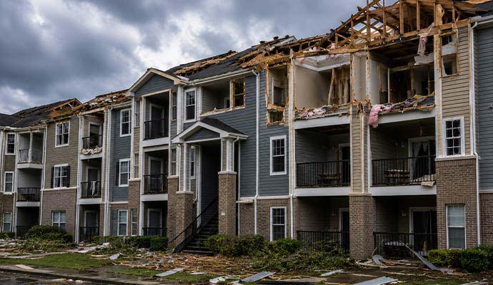 Apartment building with structural and roof damage from a severe storm