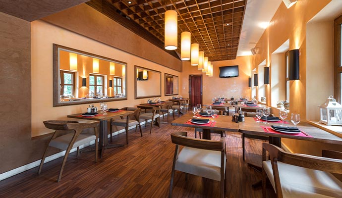 A well-lit modern restaurant dining room