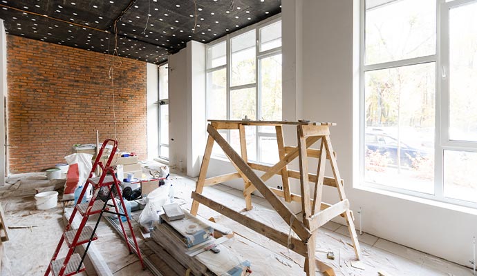 The interior of a room during a major renovation.
