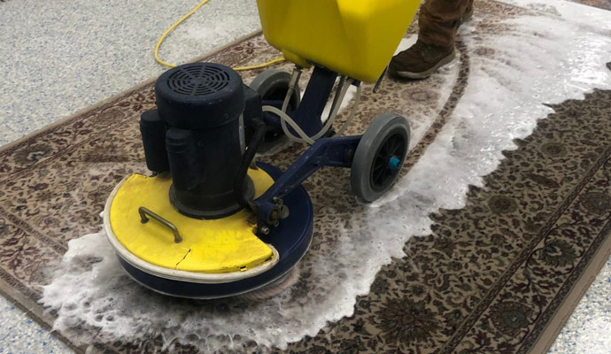A person cleaning a carpet using encapsulation method.
