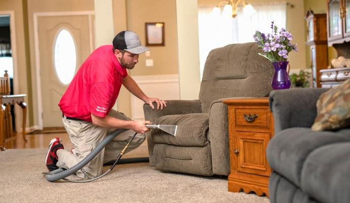 An expert cleaning a sofa in a living room using upholstery cleaning equipment