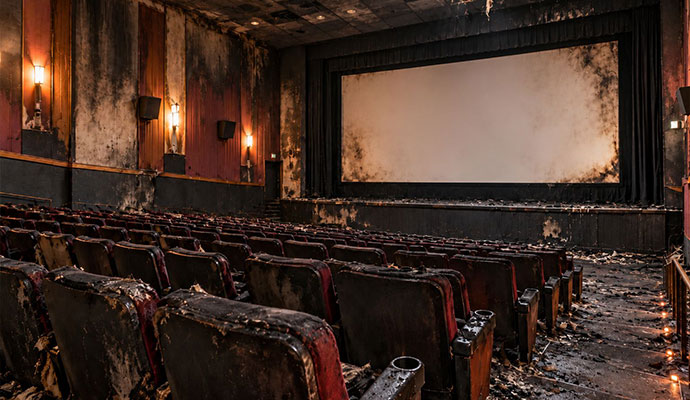 Fire and smoke damage inside a charred movie theater auditorium