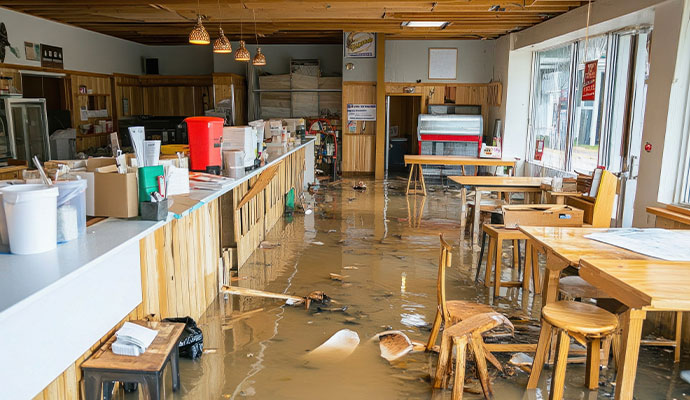 Flooded restaurant dining area