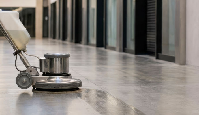Floor scrubber machine cleaning and polishing commercial concrete floor