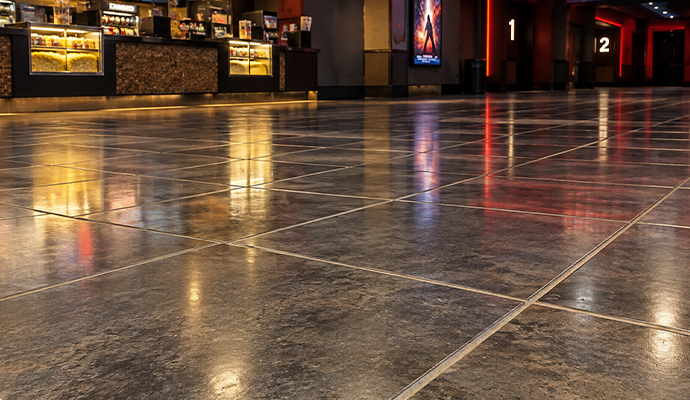 Glossy tile and grout flooring in a cinema lobby concession area
