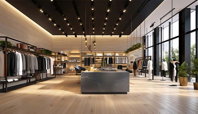 Interior view of a high-end clothing store featuring wooden floor