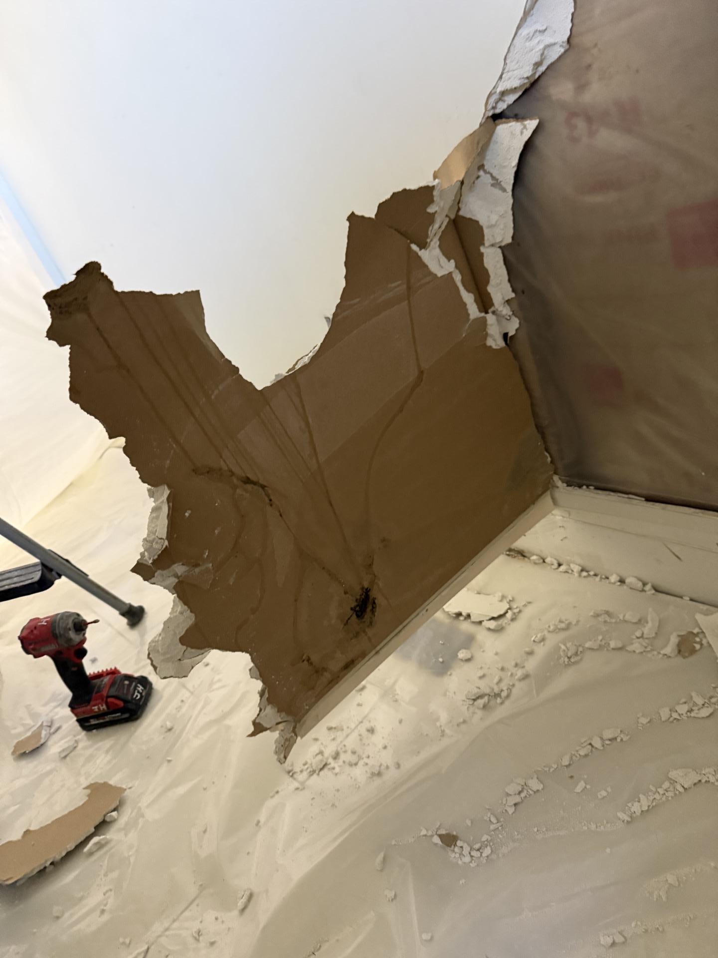Close-up of significant drywall removal revealing water-damaged wall structure and debris on a protective sheet