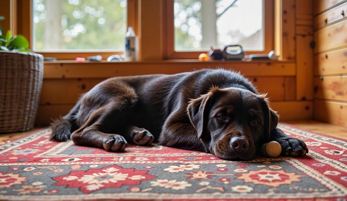Labrador dog resting on patterned area rug
