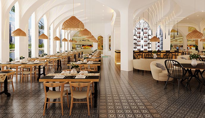 Modern upscale restaurant interior with elegant dining areas contemporary lighting and spacious seating layout