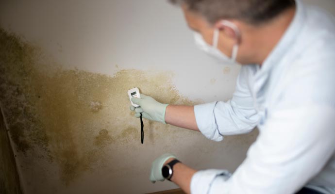 Certified inspector testing mold growth on an indoor wall.