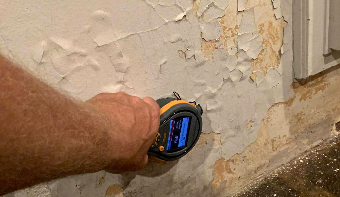 Digital moisture detector testing a damp, peeling wall.