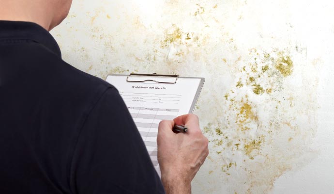 Inspector documenting mold damage on an inspection checklist.