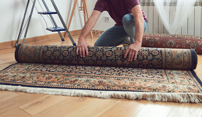 Person rolling up an ornate patterned rug