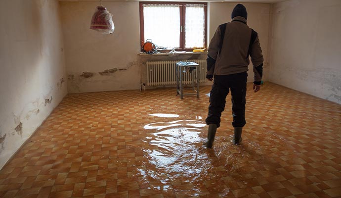 A person standing in a flooded room with significant water damage