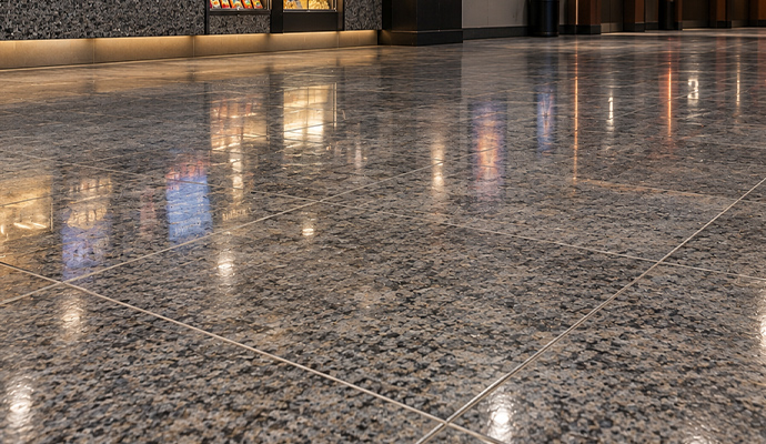 Polished granite tile flooring in a movie theater entrance